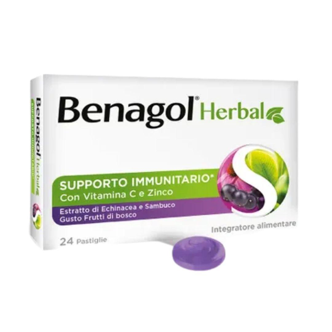 Benagol Herbal Integratore per il Mal di Gola Gusto Frutti Di Bosco 24 Pastiglie