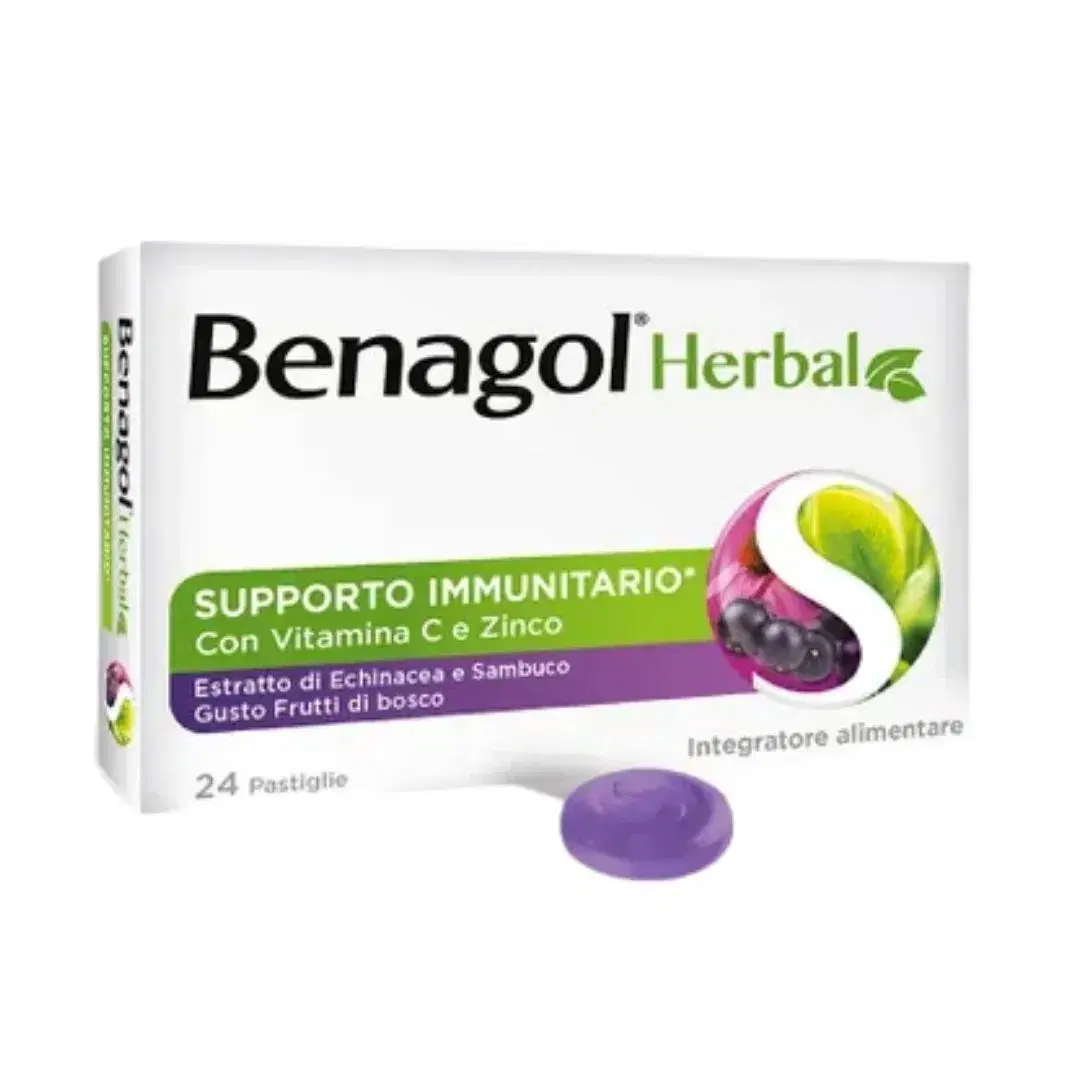 Benagol Herbal Integratore per il Mal di Gola Gusto Frutti Di Bosco 24 Pastiglie