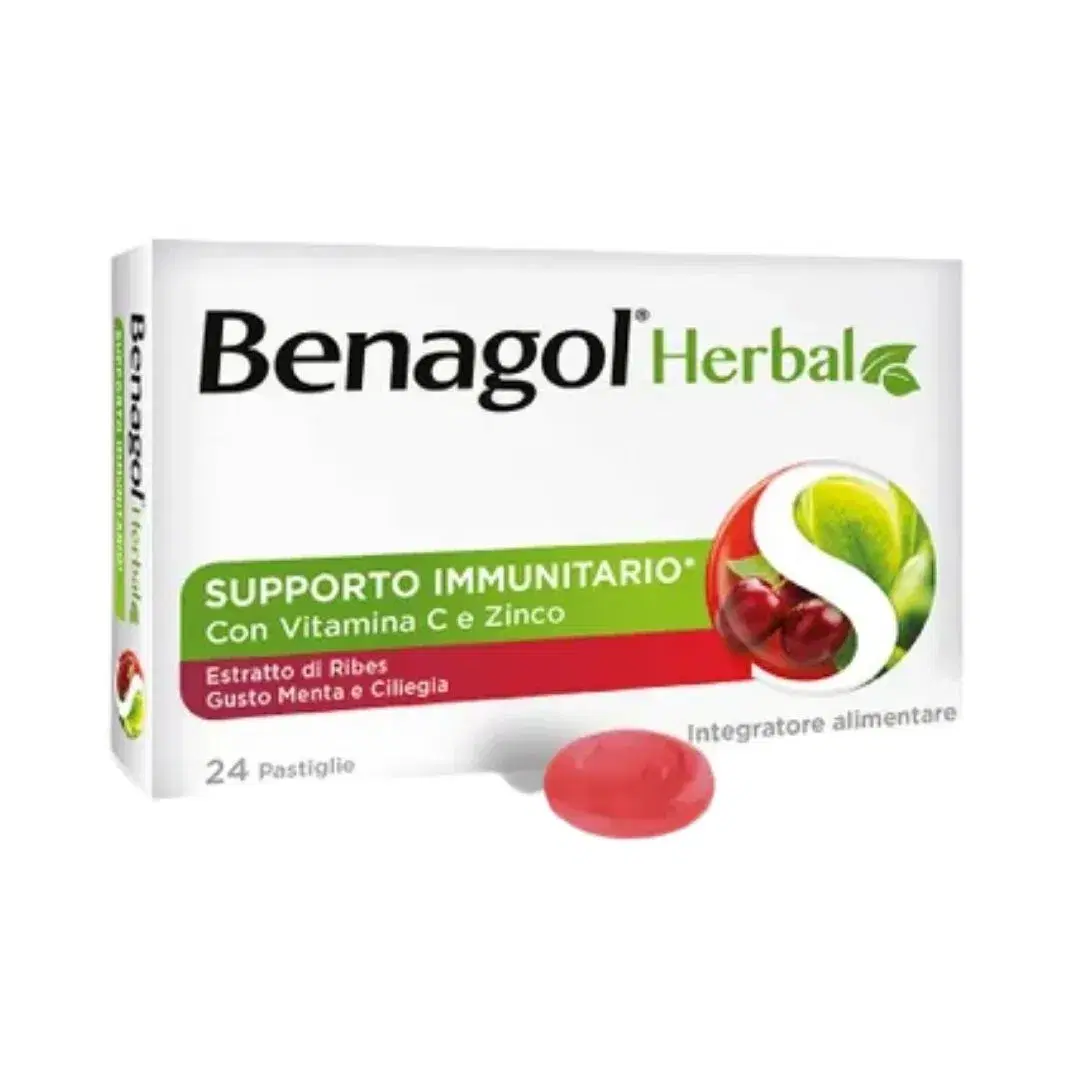 Benagol Herbal Integratore per il Mal di Gola Gusto Menta e Ciliegia 24 Pastiglie